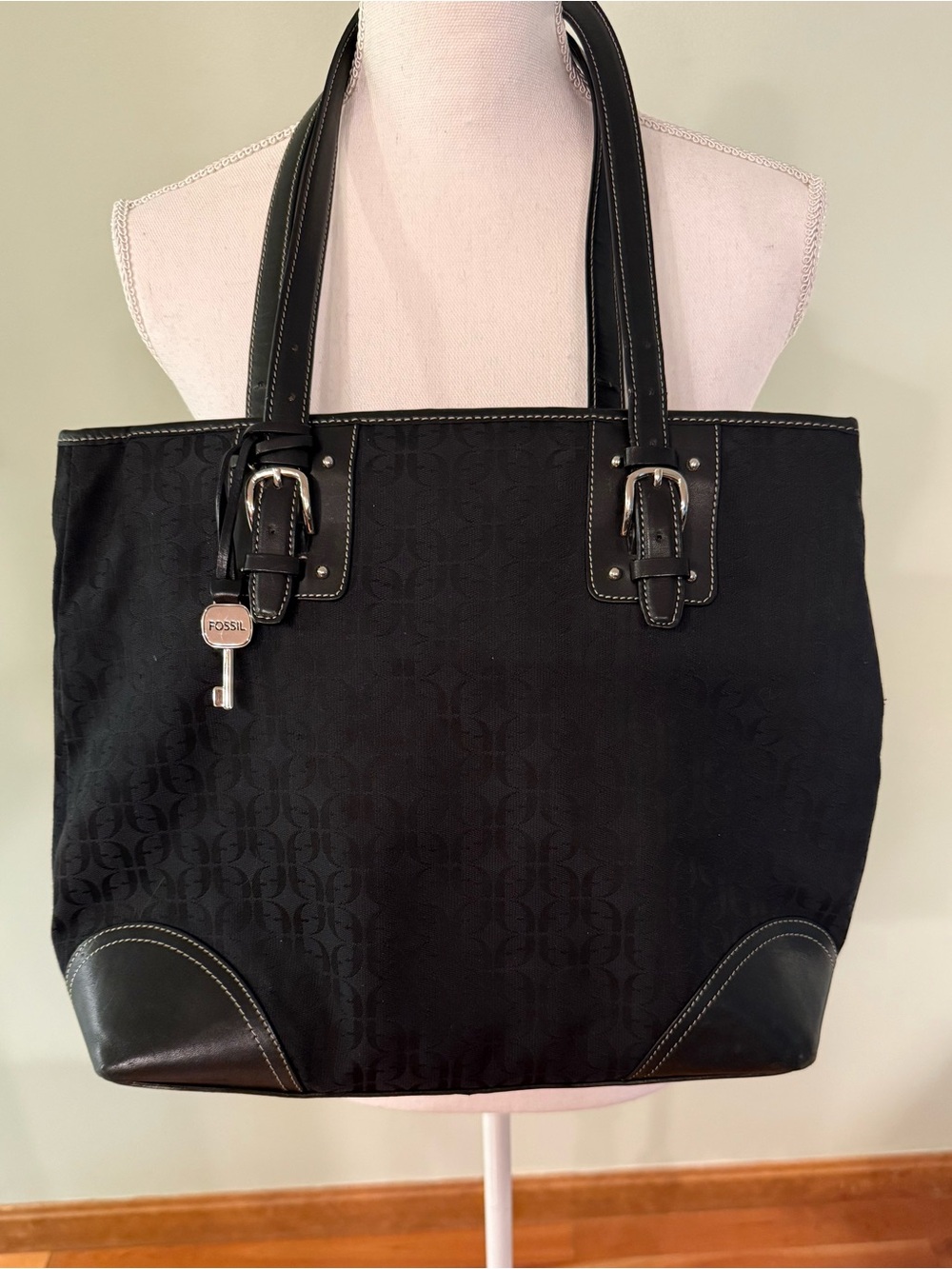 Vintage Y2K Fossil Black Logo Jacquard Tote with Leather Trim